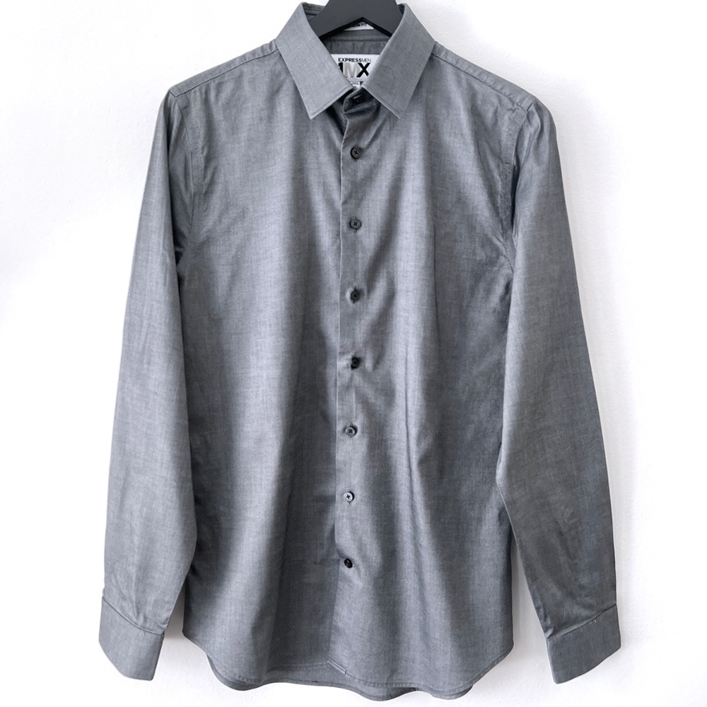 Express Men 1MX Medium Grey Button-Down Dress Shirt